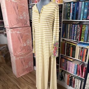 Yellow Striped Long Sleeve Dress with Floral Details